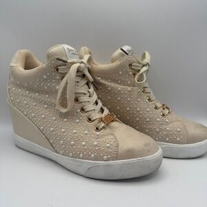 Juicy Couture JC-Jiggle Wedge Sneakers Women's 8 Cream Pearl Embellished Y2K